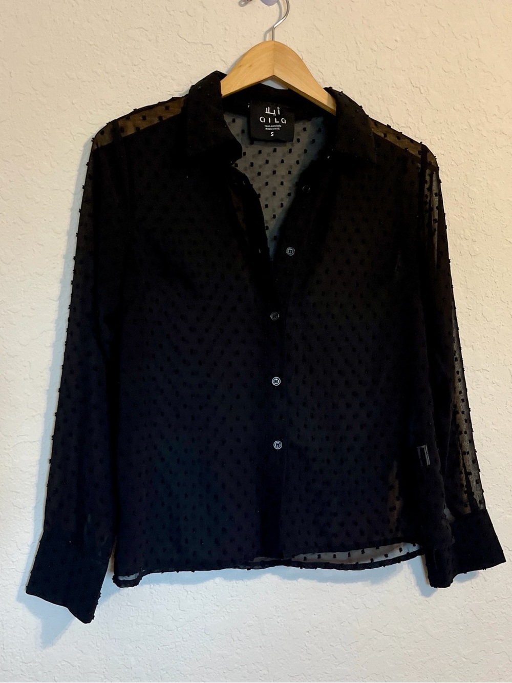 Black Sheer Swiss Dot Button Front Blouse Size S Dark Romantic Fairy Whimsygoth